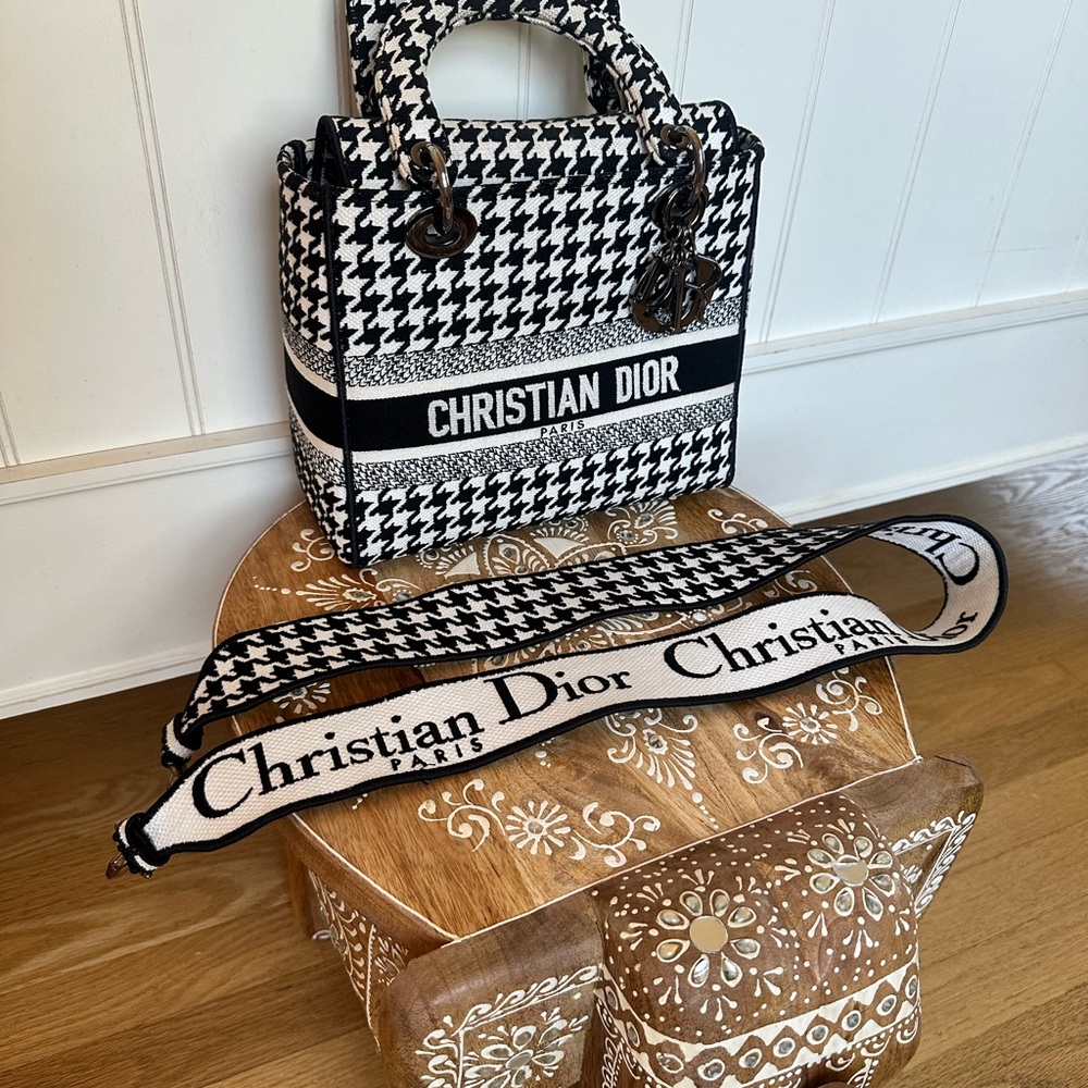 Christian Dior Lady D-Lite Bag Houndstooth Black White Medium Handbag Purse - Picture 2 of 16
